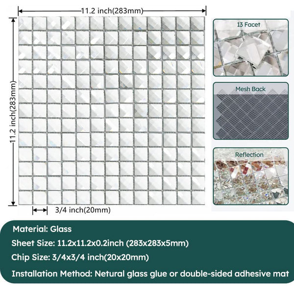 Seamless 5 Facet Silver Glass Bling Mirror Mosaic Tile Pack of 5 Sheets