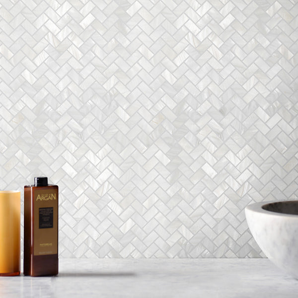 White Mother Of Pearl Shell Herringbone Mosaic Backsplash Tile