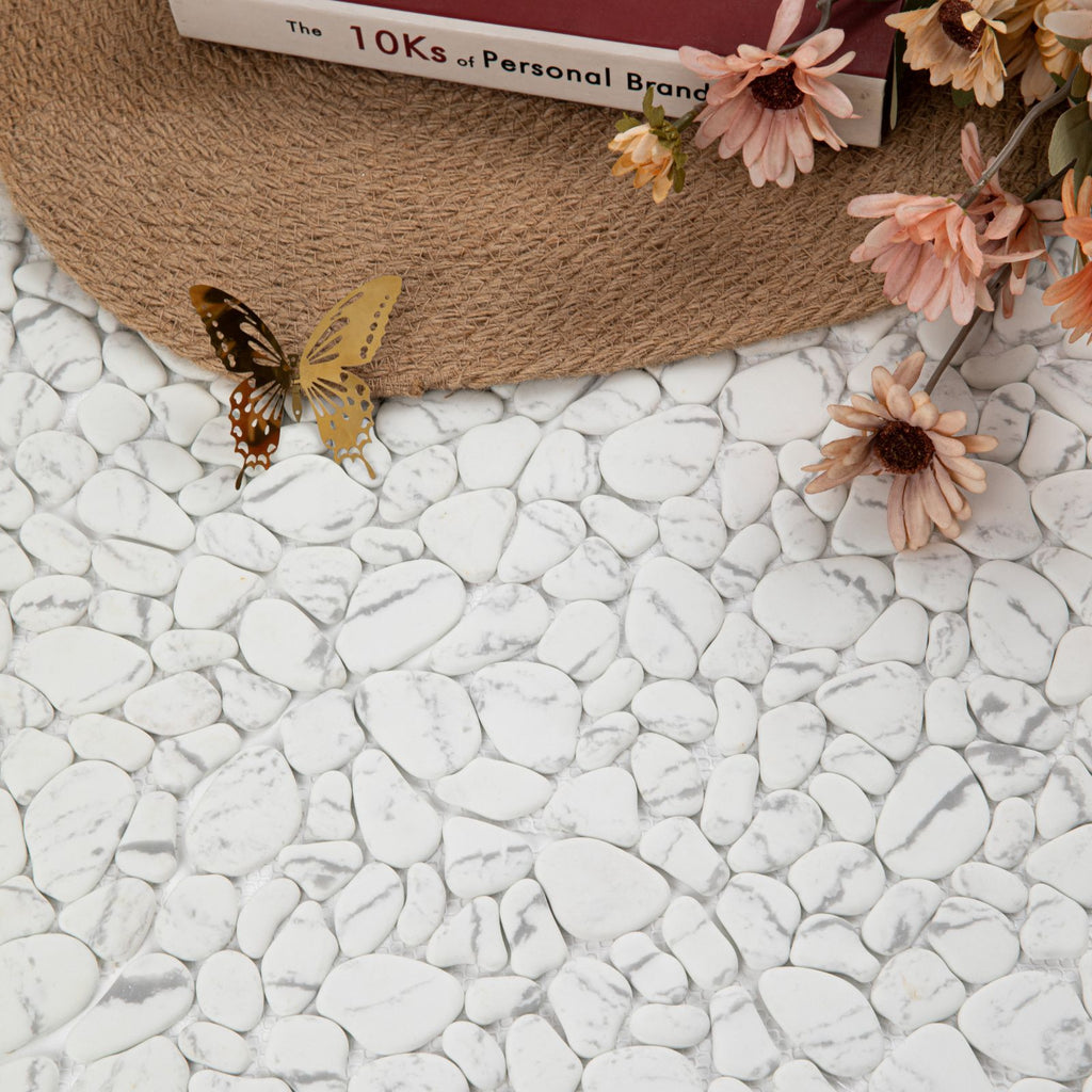Diflart Pebble Tile for Shower Floor, White Marble Veins, 10 Sq.Ft