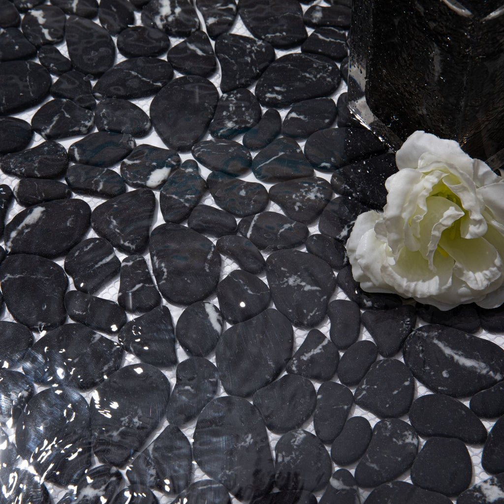 Diflart Pebble Tile for Shower Floor, Black Marble Veins