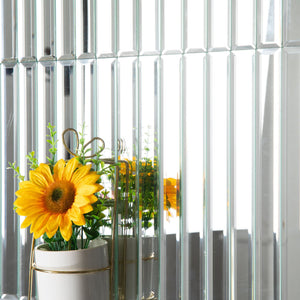 Diflart beveled silver mirror strip tile mounted on a mesh, easy to install and water-resistant.