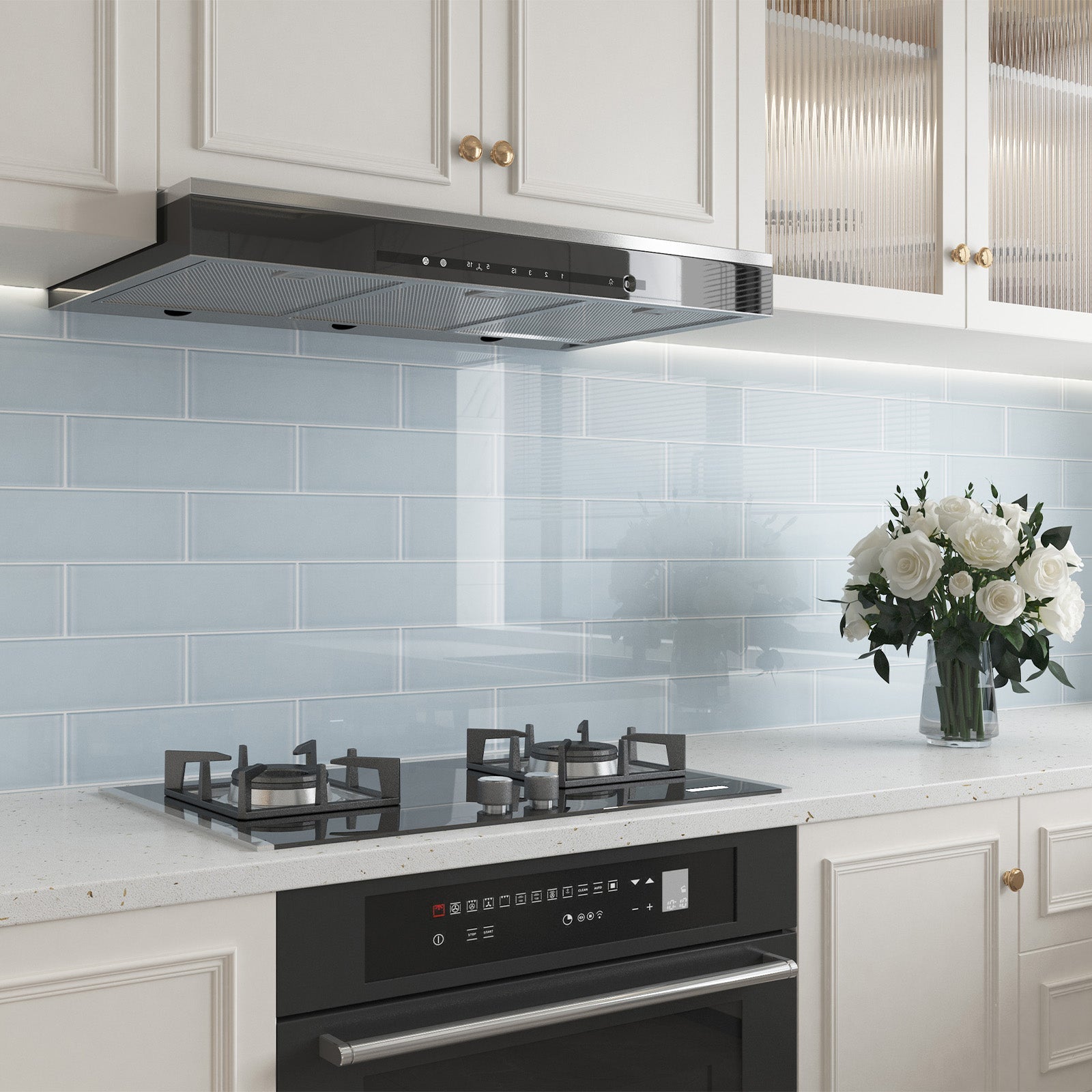 Light blue glass tiles, glossy, translucent and stylish, give the cooking space an instant upgrade!