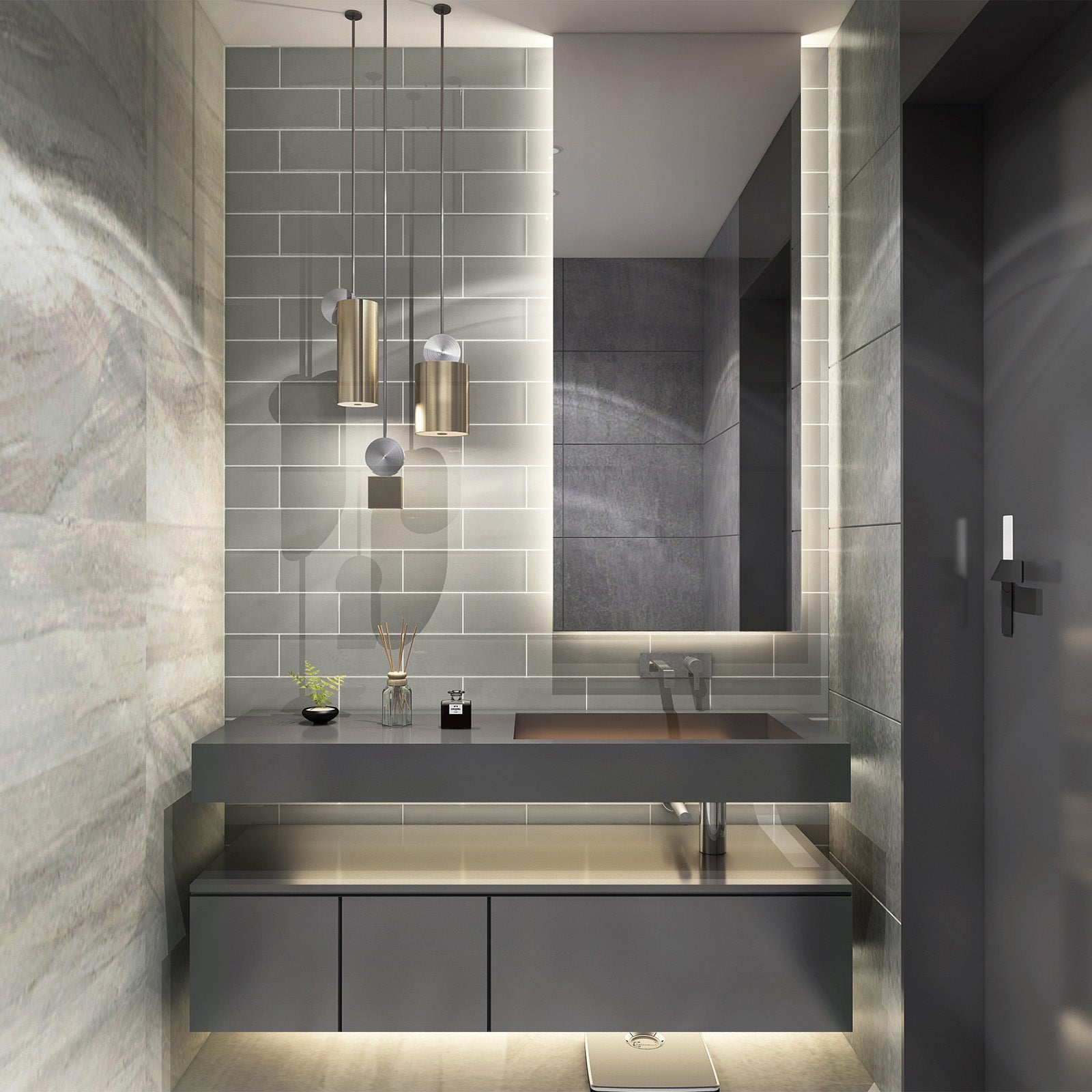 Warm gray glossy glass tile backsplash, simple atmosphere, light and shadow interlaced with all the low-key luxury, wash away fatigue, enjoy the tranquility.