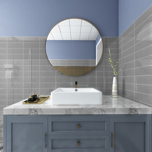 Smoke gray glossy glass tiles, a new backsplash for the bathroom, add a touch of mystery and elegance to your private space.