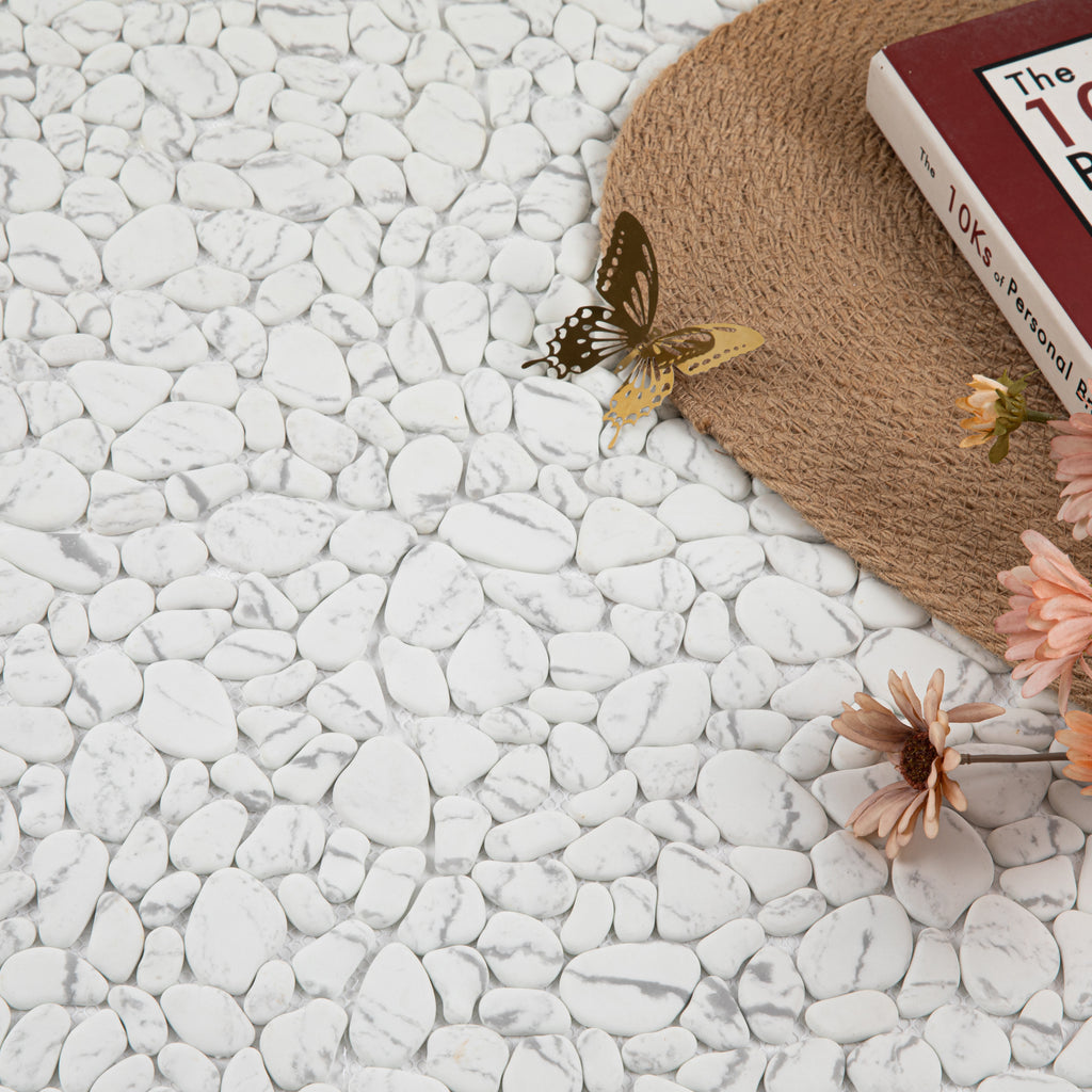 NEW! Diflart pebble tile white marble veins for shower floor
