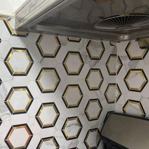 Simple and easy to install design, allowing you to easily create a personalized space, Faux White Marble with Gold PVC and Metal Hexagon Tile.