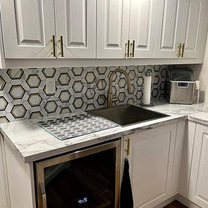 Selected materials, exquisite craftsmanship, Faux White Marble with Gold PVC and Metal Hexagon Tile, add a touch of timeless charm to your home décor.
