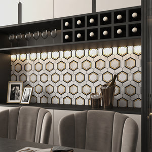 Dining room background wall new upgrade! Marble pattern + brass aluminum mosaic, luxury collision, so that every meal is full of ceremony!