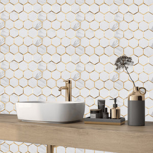 Diflart Peel and Stick Faux Marble with Gold Strip Hexagon Mosaic Backsplash Tiles