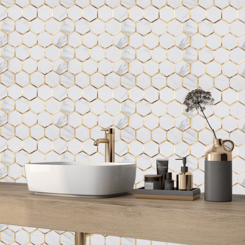 Diflart Peel and Stick Faux Marble with Gold Strip Hexagon Mosaic Backsplash Tiles