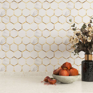 Hexagon peel and stick white gold backsplash smart tiles, no grout ,no glue and no mess