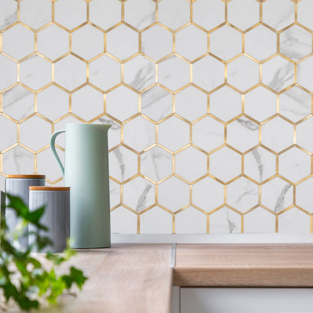 Peel and Stick Faux Marble with Gold Strip Hexagon Mosaic Backsplash Tiles