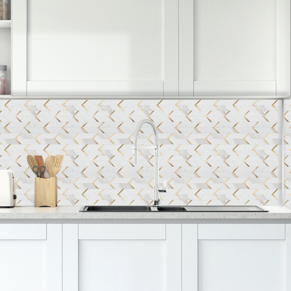 Diflart Peel and Stick Backsplash Tile, Faux White Marble with Gold Metal