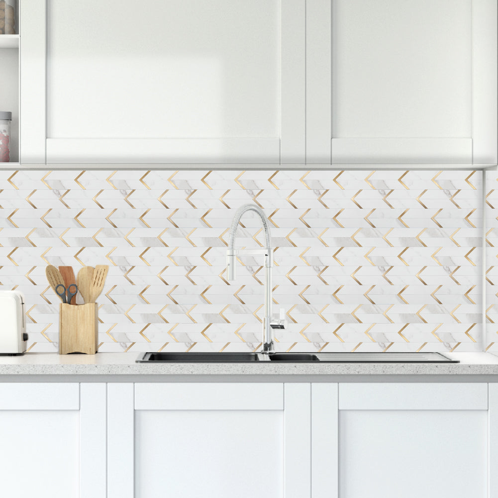Diflart 10 Sheets Peel and Stick Backsplash Tile, Faux White Marble with Gold Metal, Self Adhesive Chevron Wall Tile