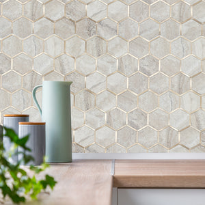 NEW! Diflart 10 Sheets Peel and Stick Backsplash Tile, Faux Beige Marble with Gold Metal, Self Adhesive Hexagon Wall Tile for Kitchen Bathroom Living Room