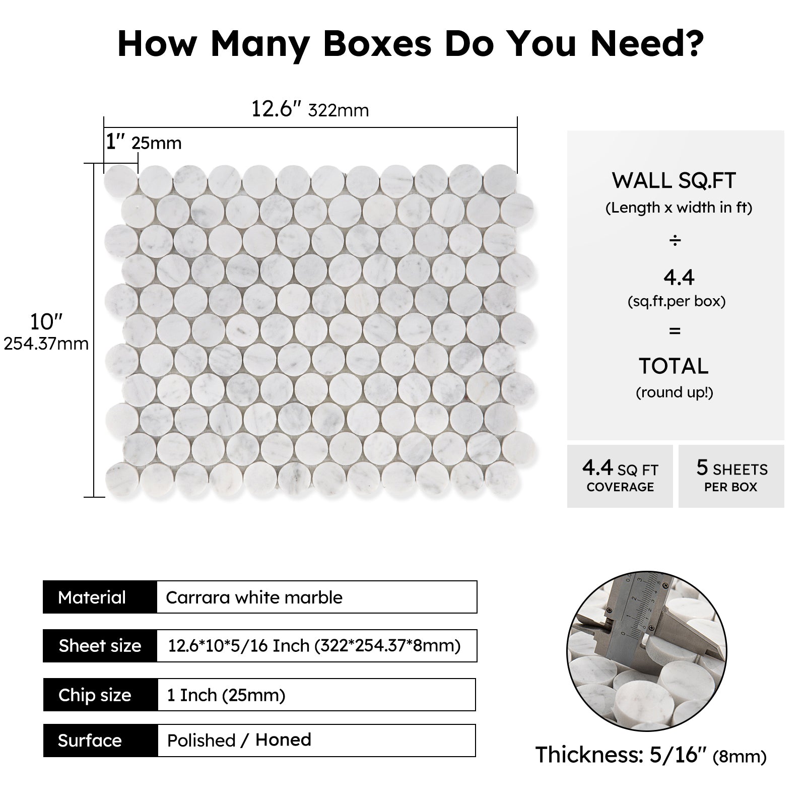 Diflart Carrara White Marble Mosaic Tile, 1 Inch Penny Round, Natural Marble Backsplash Tiles for Kitchen Bathroom Wall Floor, Pack of 5 Sheets