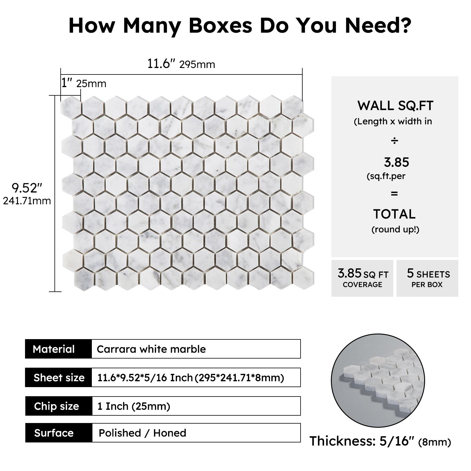 Diflart Carrara White Marble Mosaic Tile, 1 Inch Hexagon, Italian Bianco Carrera Marble Backsplash Tiles for Kitchen Bathroom Wall Floor, Pack of 5 Sheets