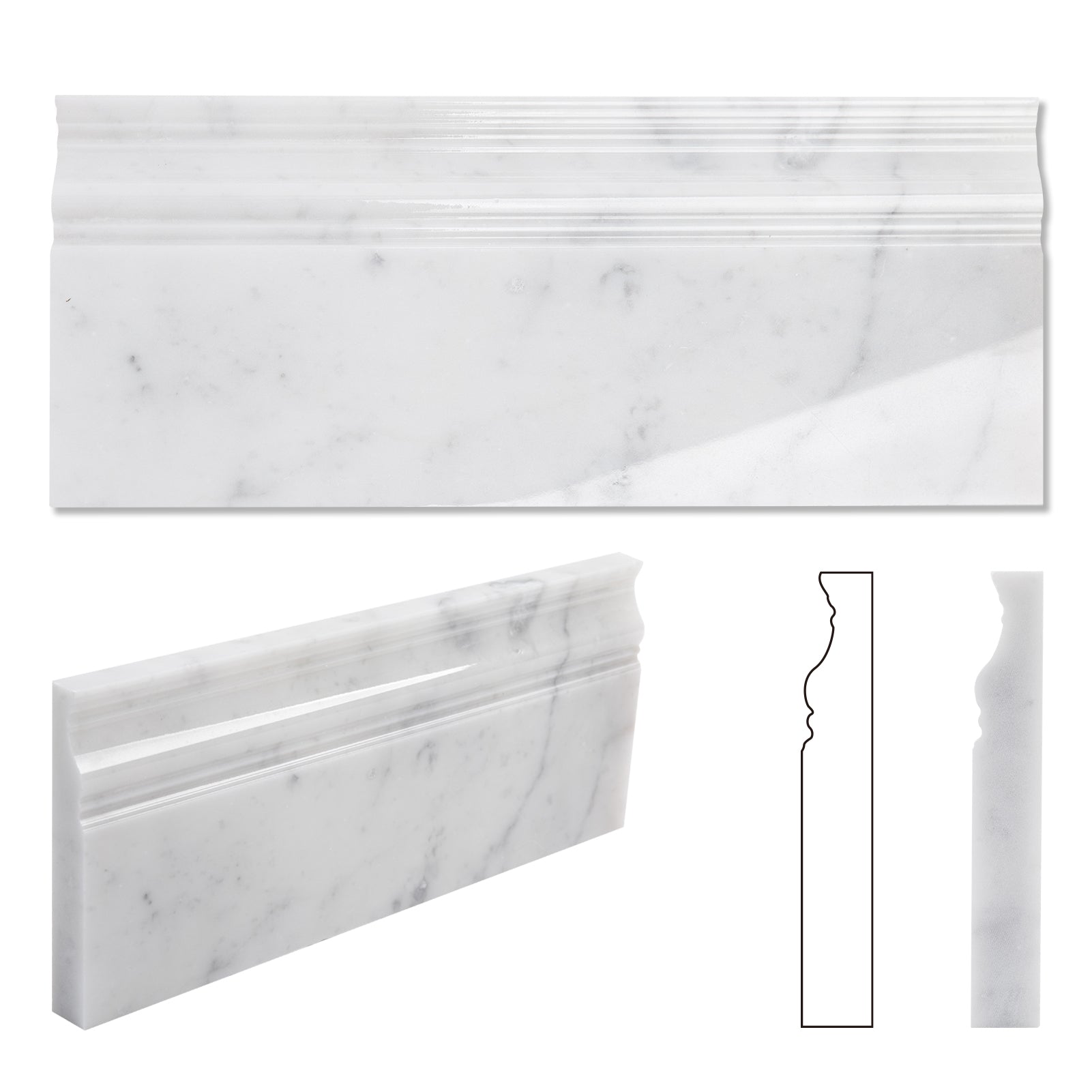 Diflart Carrara White Marble Baseboard Molding Trim, 5x12 Inch, Polished, Bianco Italian Carrera Skirting Base Moulding for Bathroom Wall and Kitchen Backsplash, 4 Pcs (Crown)