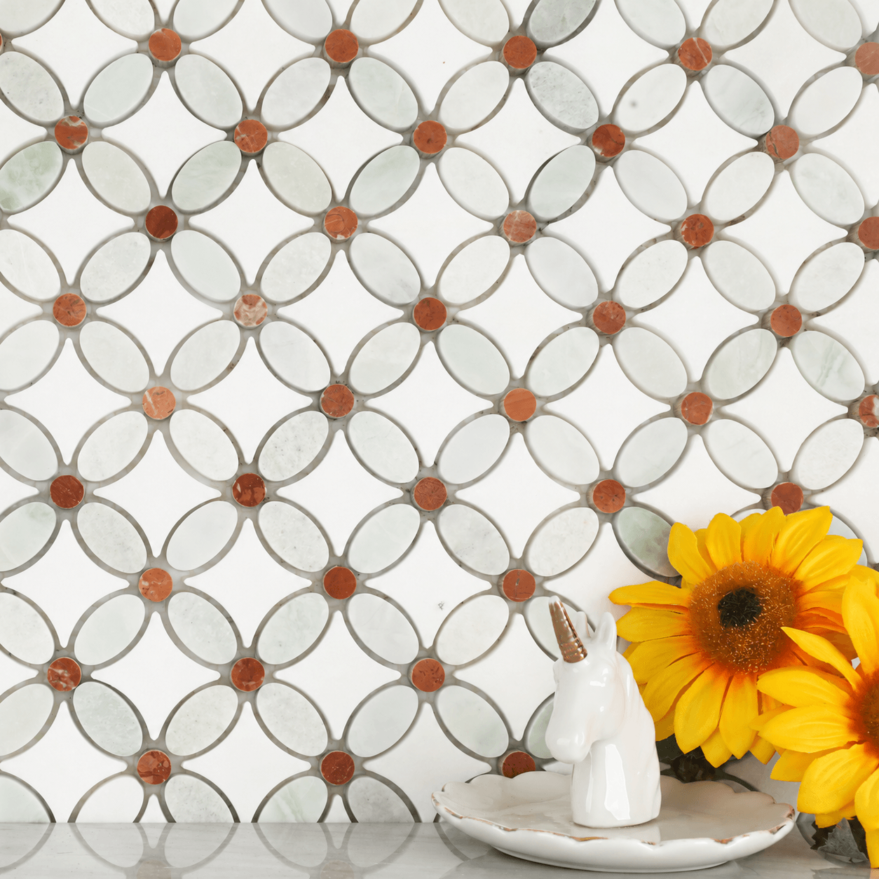 Natural Marble Mosaic Tile, 1.8x1.8 Inch Flower Pattern, Polished, Thassos White Ming Green Red Dots Marble Backsplash Tile for Kitchen Bathroom Wall Floor, Pack of 5 Sheets