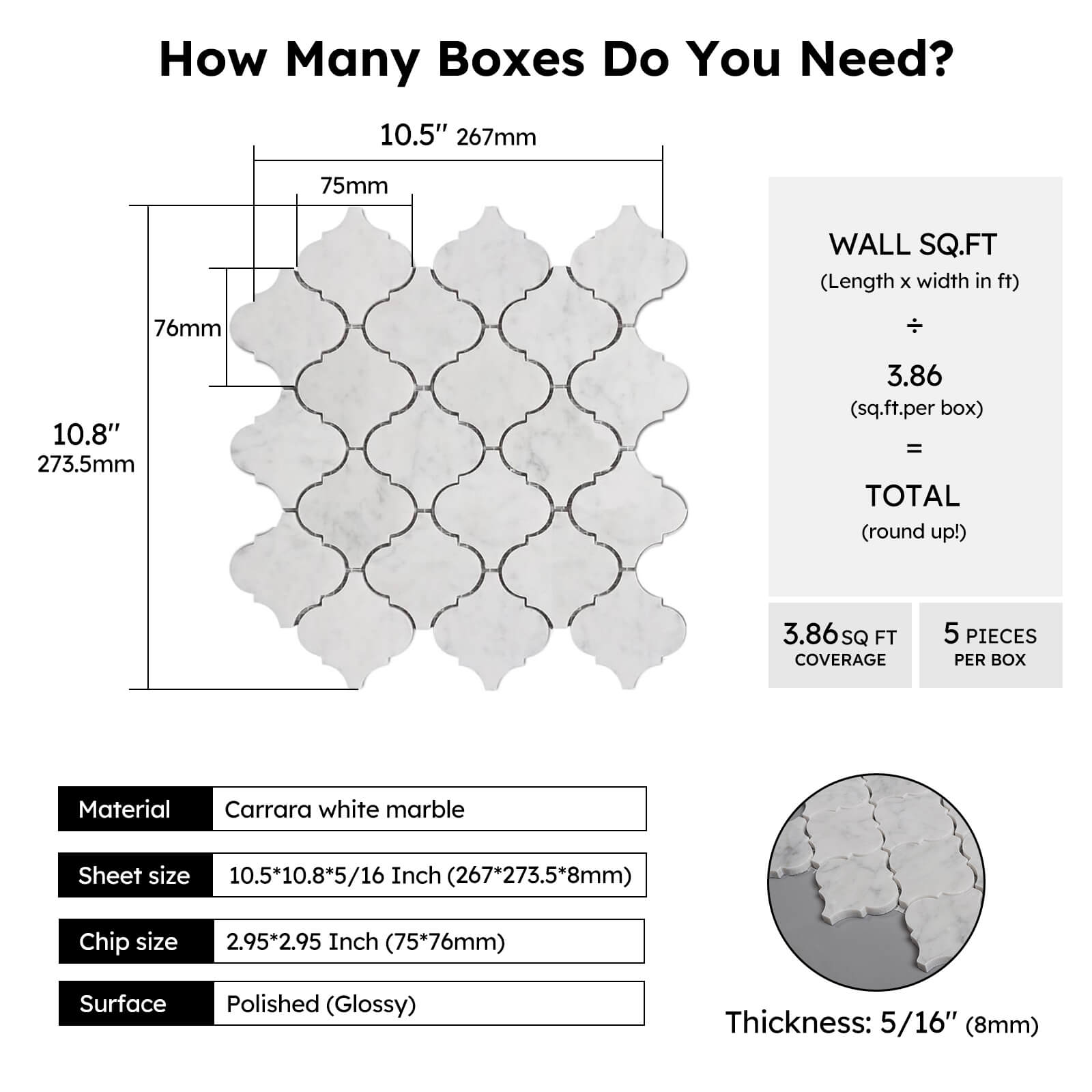 Diflart Carrara White Marble Mosaic Tile, 3 Inch Arabesque, Polished, Marble Backsplash Tiles for Kitchen Bathroom Wall Floor, Pack of 5 Sheets