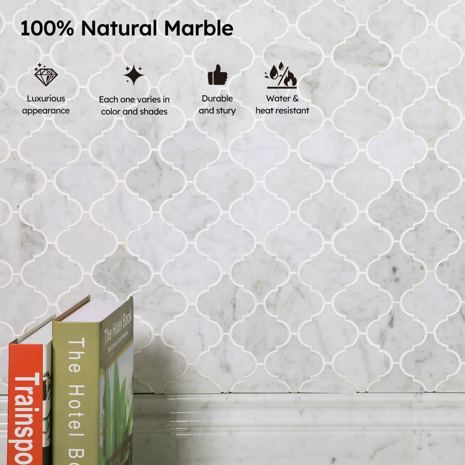 Diflart Carrara White Marble Mosaic Tile, 3 Inch Arabesque, Polished, Marble Backsplash Tiles for Kitchen Bathroom Wall Floor, Pack of 5 Sheets
