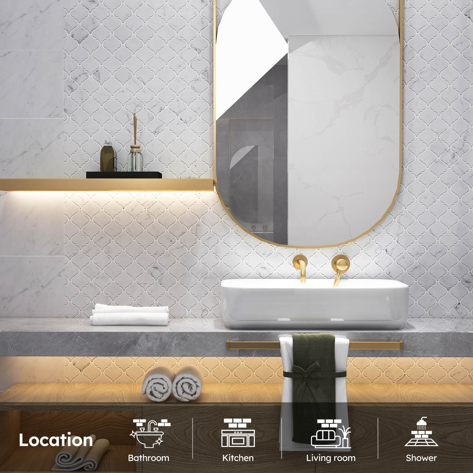 Diflart Carrara White Marble Mosaic Tile, 3 Inch Arabesque, Polished, Marble Backsplash Tiles for Kitchen Bathroom Wall Floor, Pack of 5 Sheets