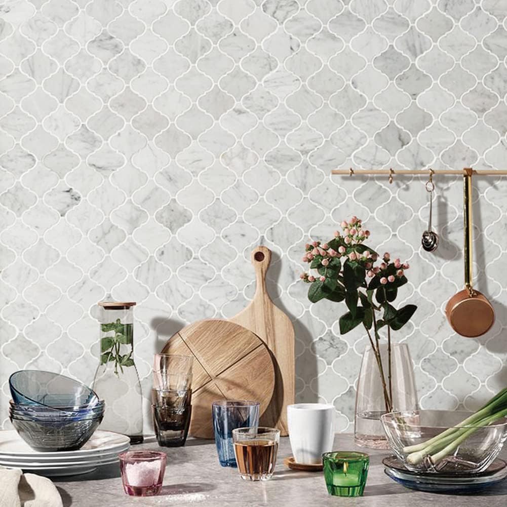 Diflart Carrara White Marble Mosaic Tile, 3 Inch Arabesque, Polished, Marble Backsplash Tiles for Kitchen Bathroom Wall Floor, Pack of 5 Sheets