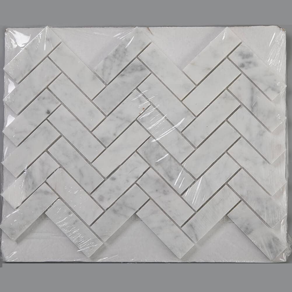 Diflart Carrara White Marble Mosaic Tile, 1x3 Inch Herringbone, Polished, Marble Backsplash Tiles for Kitchen Bathroom Wall Floor, Pack of 5 Sheets