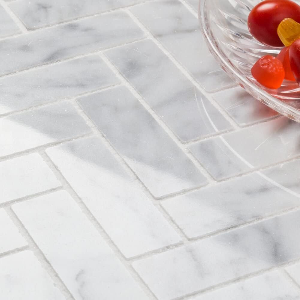 Diflart Carrara White Marble Mosaic Tile, 1x3 Inch Herringbone, Polished, Marble Backsplash Tiles for Kitchen Bathroom Wall Floor, Pack of 5 Sheets