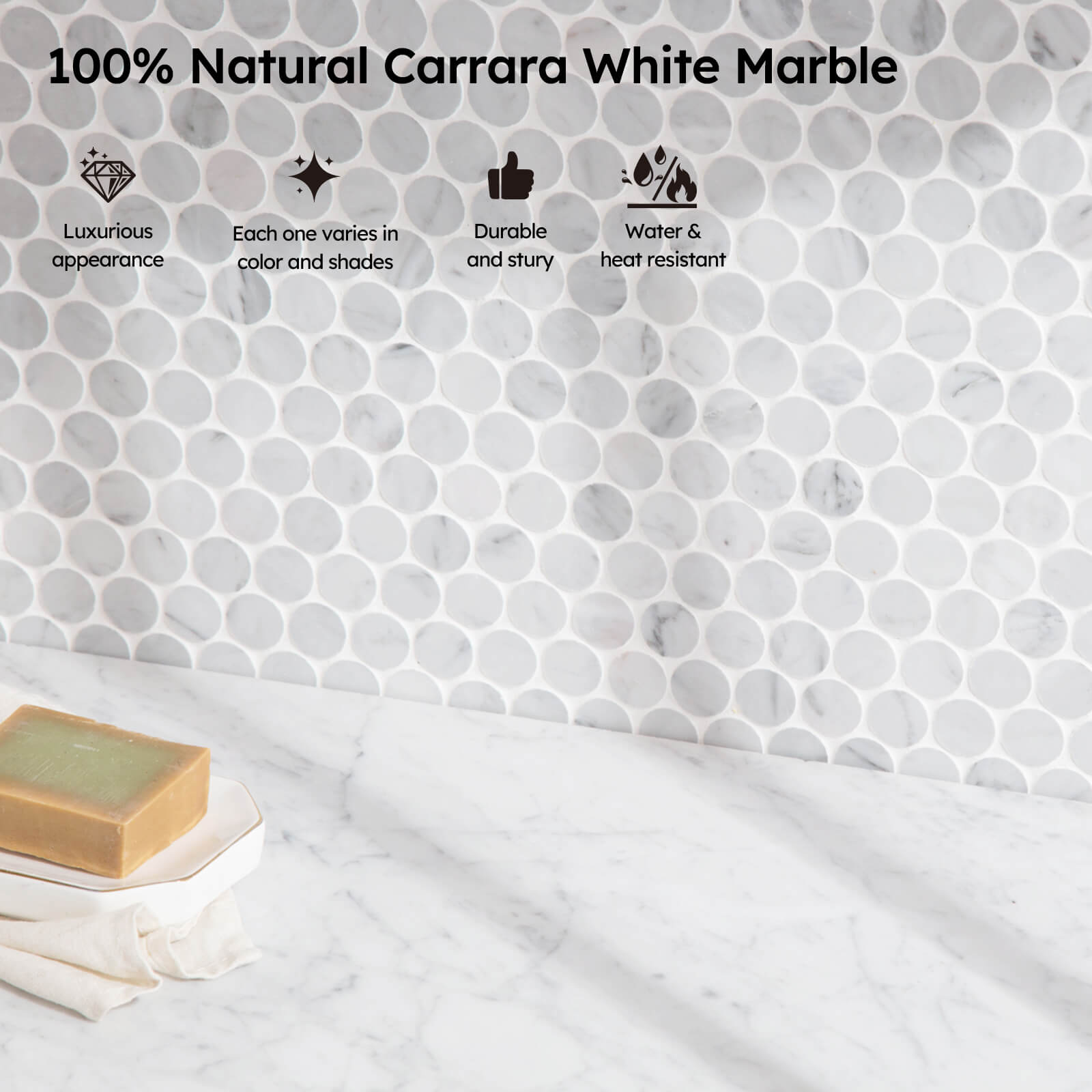 Diflart Carrara White Marble Mosaic Tile, 1 Inch Penny Round, Natural Marble Backsplash Tiles for Kitchen Bathroom Wall Floor, Pack of 5 Sheets