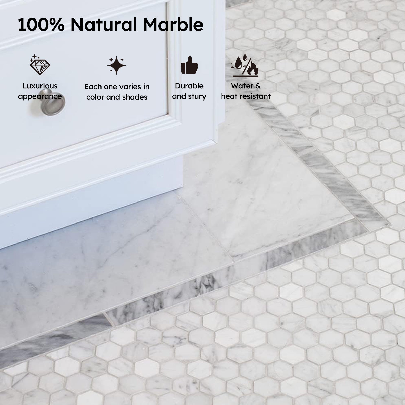 Diflart Carrara White Marble Mosaic Tile, 1 Inch Hexagon, Italian Bianco Carrera Marble Backsplash Tiles for Kitchen Bathroom Wall Floor, Pack of 5 Sheets