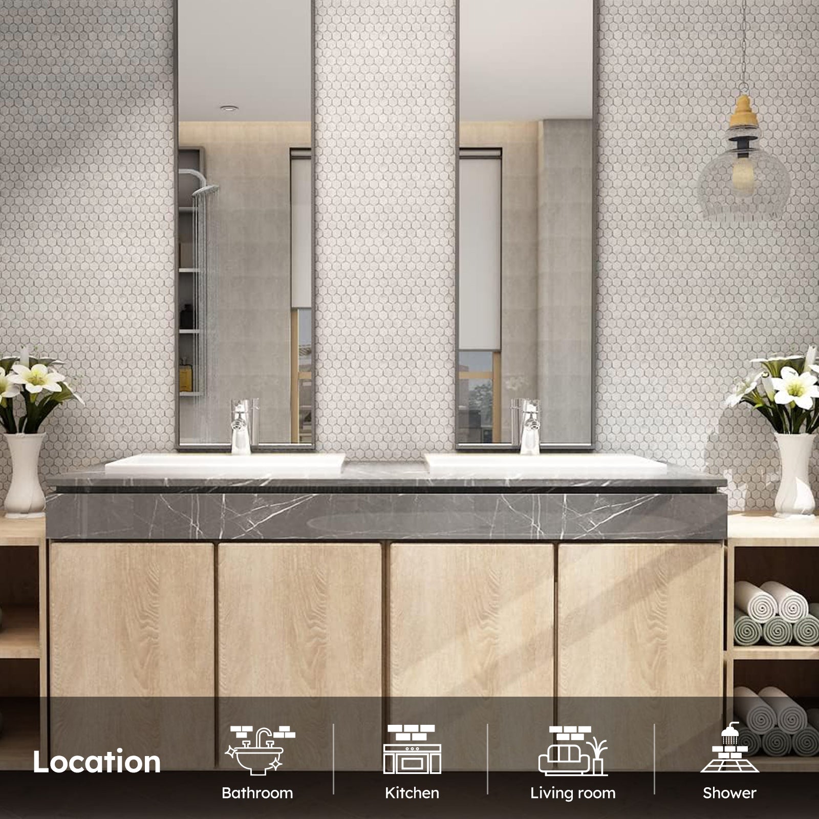 Diflart Carrara White Marble Mosaic Tile, 1 Inch Hexagon, Italian Bianco Carrera Marble Backsplash Tiles for Kitchen Bathroom Wall Floor, Pack of 5 Sheets