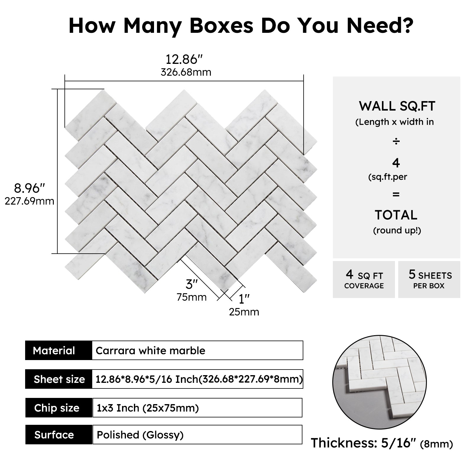 Diflart Carrara White Marble Mosaic Tile, 1x3 Inch Herringbone, Polished, Marble Backsplash Tiles for Kitchen Bathroom Wall Floor, Pack of 5 Sheets