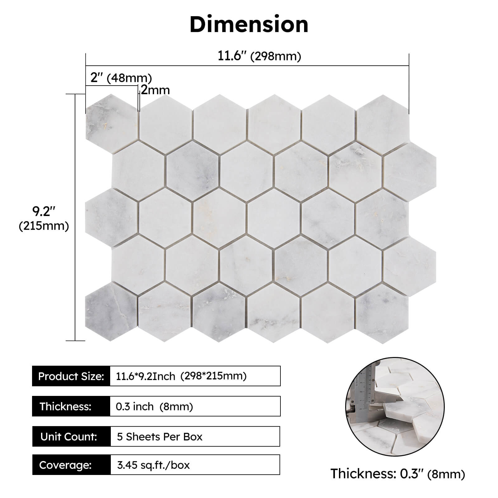 Diflart Bianco Orion Marble Mosaic Tile, 2 Inch Hexagon, Honed, Natural White Marble Backsplash Tiles for Kitchen Bathroom Wall Floor, Pack of 5 Sheets