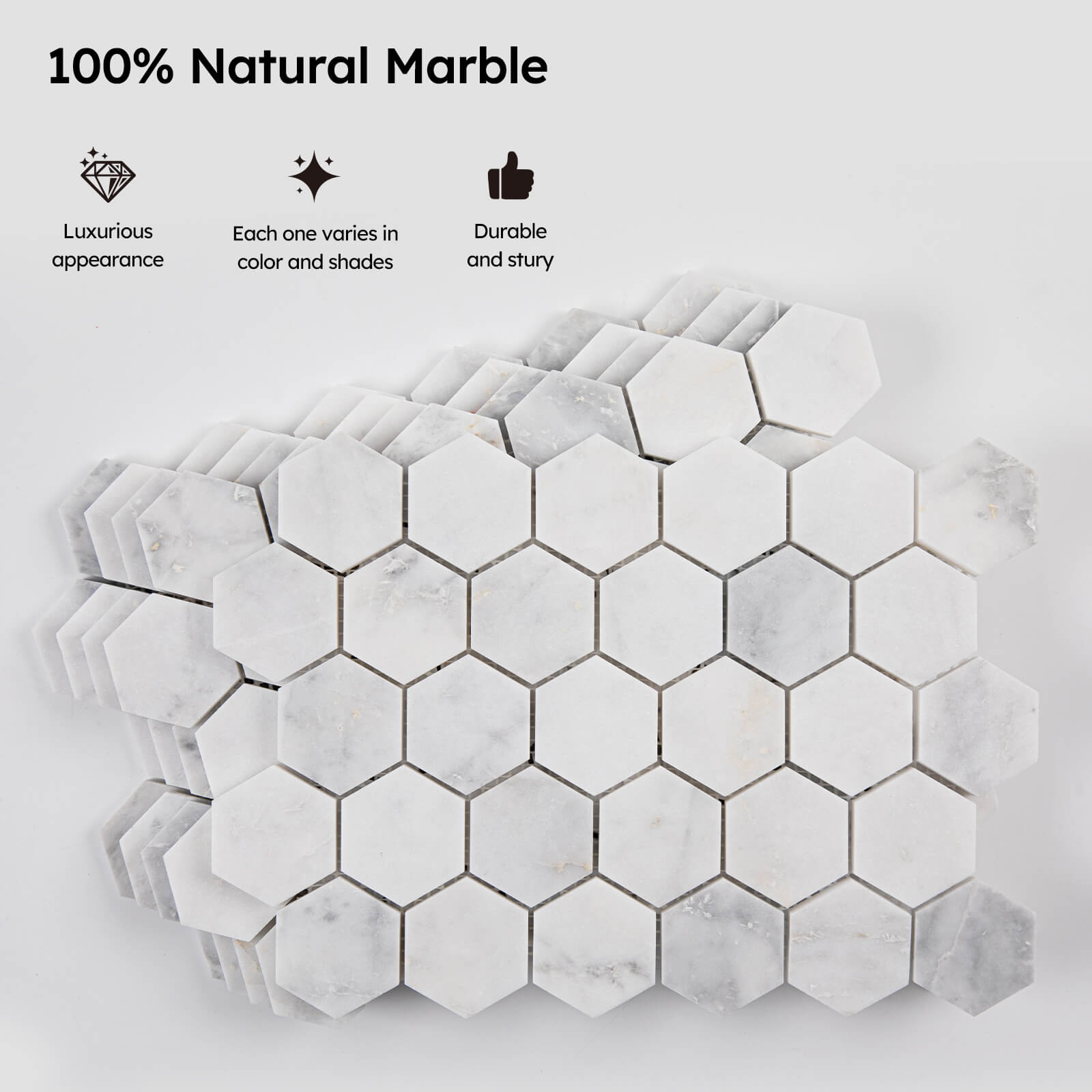 Diflart Bianco Orion Marble Mosaic Tile, 2 Inch Hexagon, Honed, Natural White Marble Backsplash Tiles for Kitchen Bathroom Wall Floor, Pack of 5 Sheets