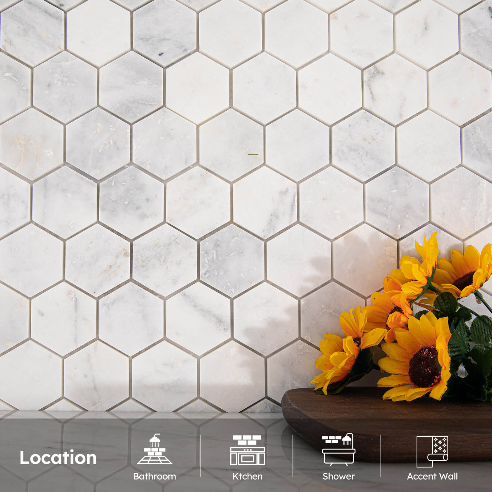 Diflart Bianco Orion Marble Mosaic Tile, 2 Inch Hexagon, Honed, Natural White Marble Backsplash Tiles for Kitchen Bathroom Wall Floor, Pack of 5 Sheets