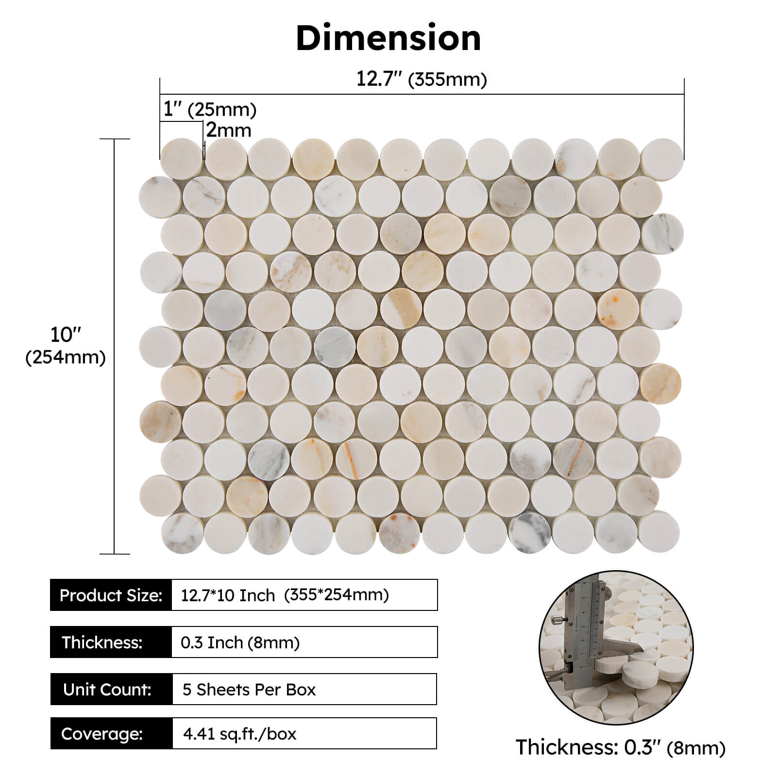 Diflart Calacatta Gold Marble Mosaic Tile, 1 Inch Penny Round, Honed, Natural Marble Backsplash Tiles for Kitchen Bathroom Wall Floor, Pack of 5 Sheets