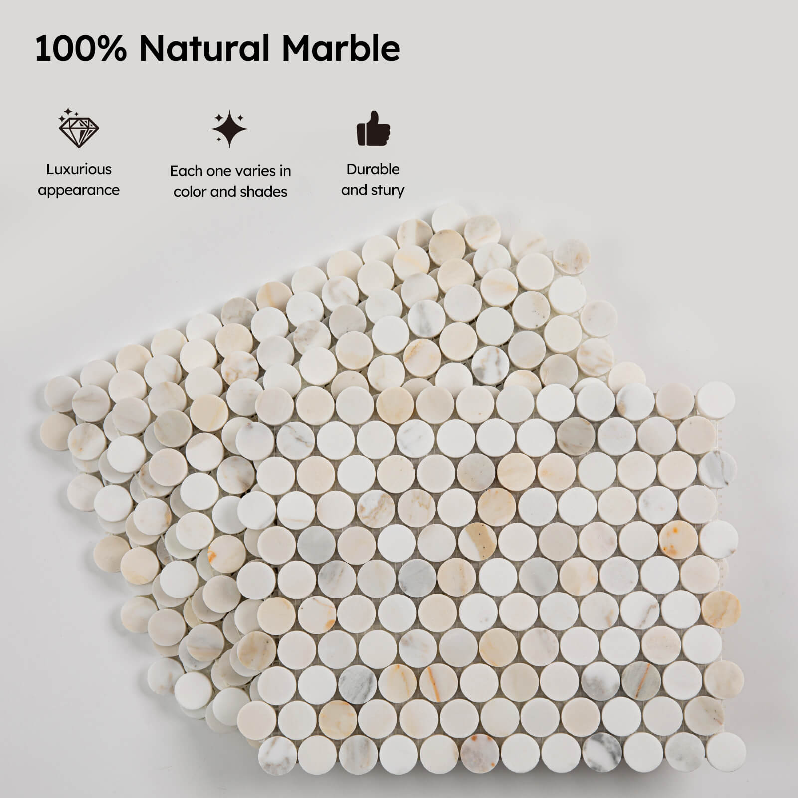 Diflart Calacatta Gold Marble Mosaic Tile, 1 Inch Penny Round, Honed, Natural Marble Backsplash Tiles for Kitchen Bathroom Wall Floor, Pack of 5 Sheets