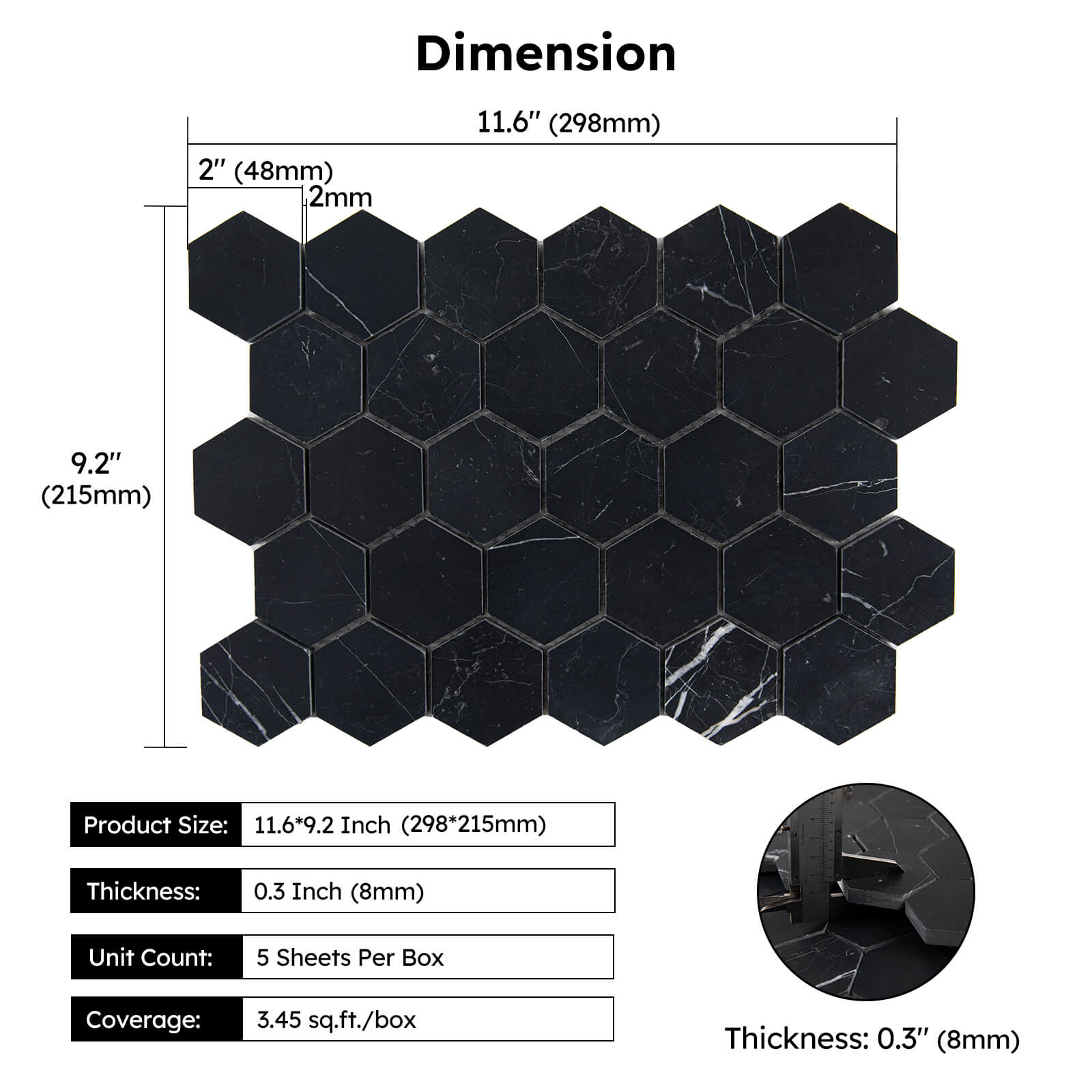 Diflart Nero Marquina Black Marble Mosaic Tile, 2 Inch Hexagon, Honed, Natural Marble Backsplash Tiles for Kitchen Bathroom Wall Floor, Pack of 5 Sheets