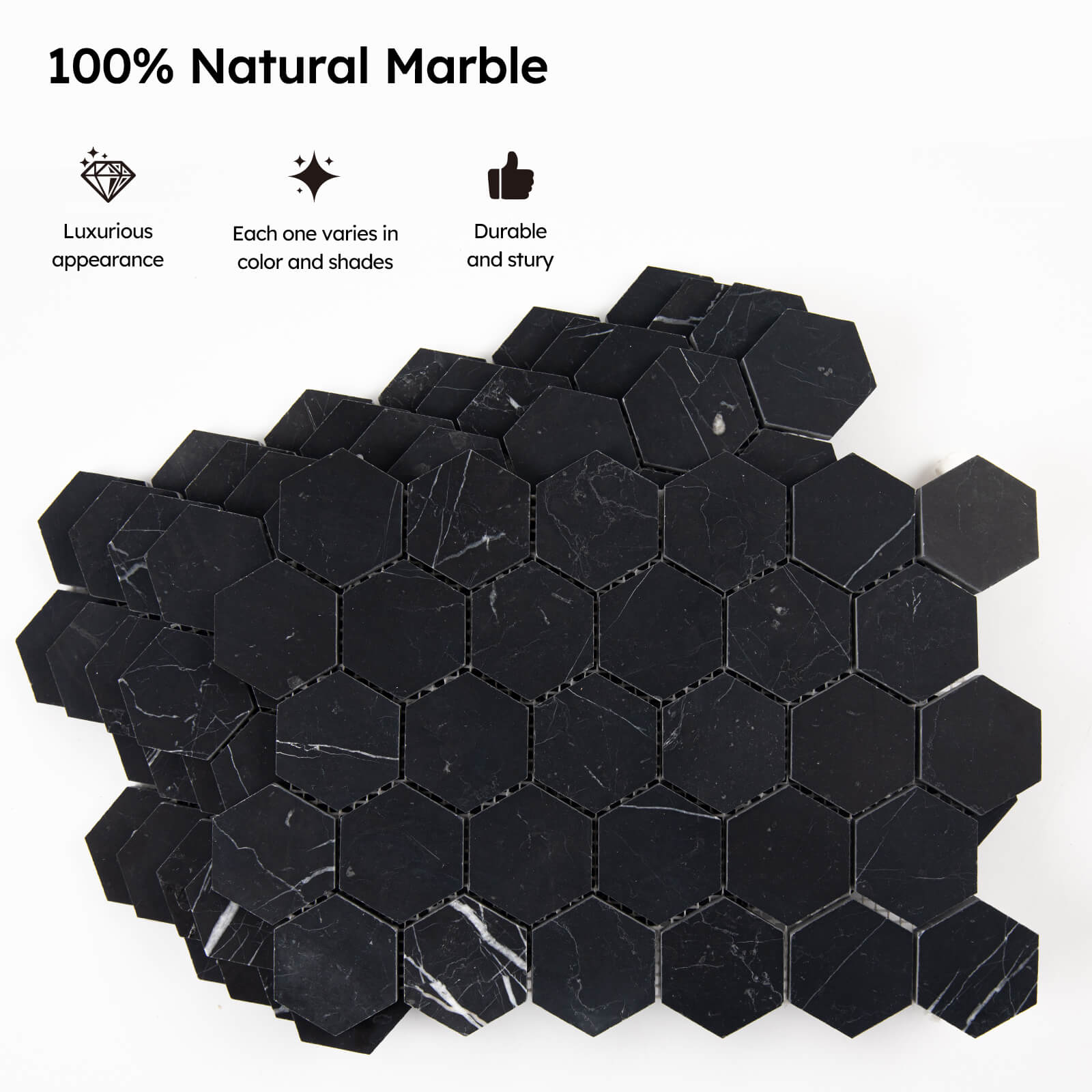 Diflart Nero Marquina Black Marble Mosaic Tile, 2 Inch Hexagon, Honed, Natural Marble Backsplash Tiles for Kitchen Bathroom Wall Floor, Pack of 5 Sheets