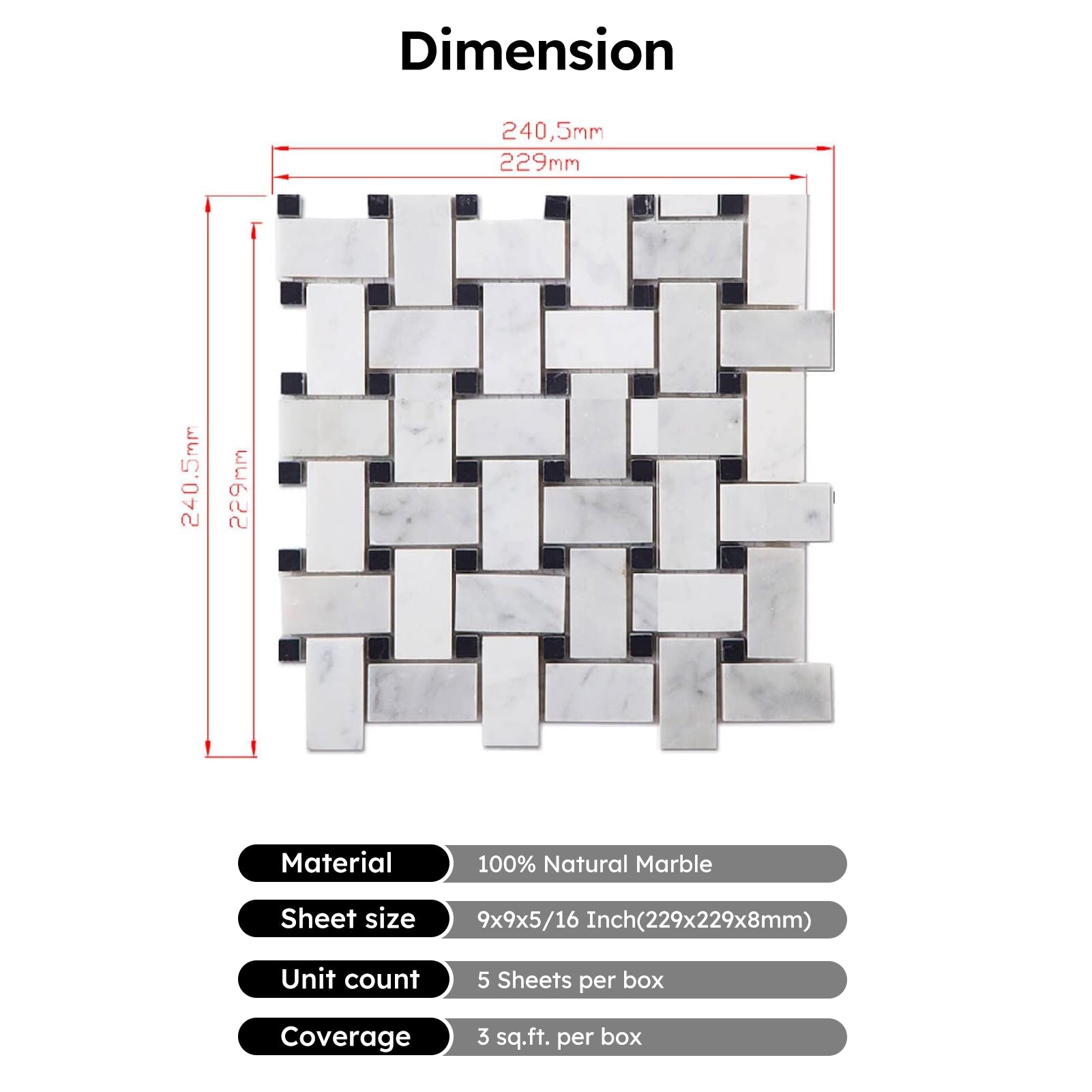 Diflart Carrara White Marble Mosaic Tile, 1x2 Inch Basketweave, Polished, Marble Backsplash Tiles for Kitchen Bathroom Wall Floor, Pack of 5 Sheets