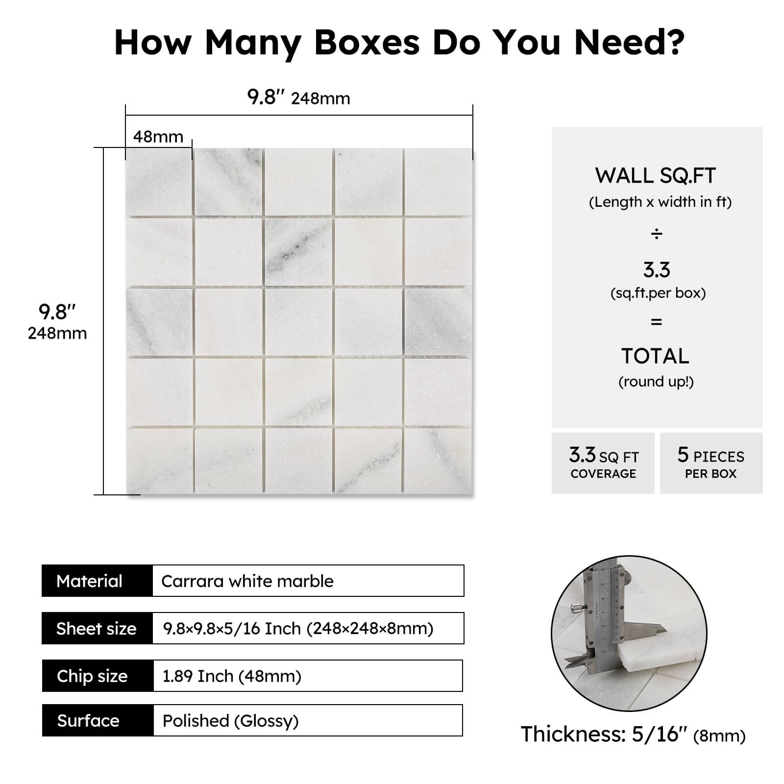 Diflart Natural Marble Mosaic Tile, 2x2 Inch Square, Honed, Pollen Thassos Marble Backsplash Tiles for Kitchen Bathroom Wall Floor, Pack of 5 Sheets