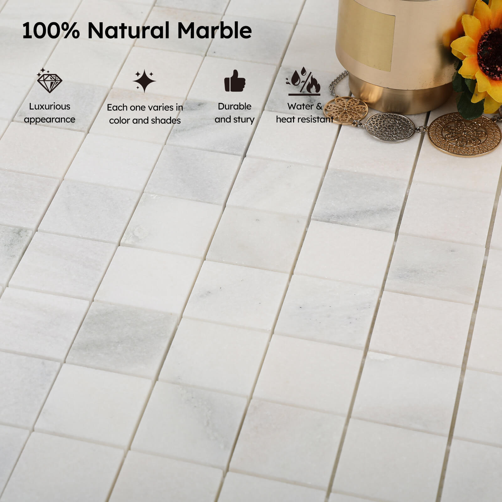 Diflart Natural Marble Mosaic Tile, 2x2 Inch Square, Honed, Pollen Thassos Marble Backsplash Tiles for Kitchen Bathroom Wall Floor, Pack of 5 Sheets