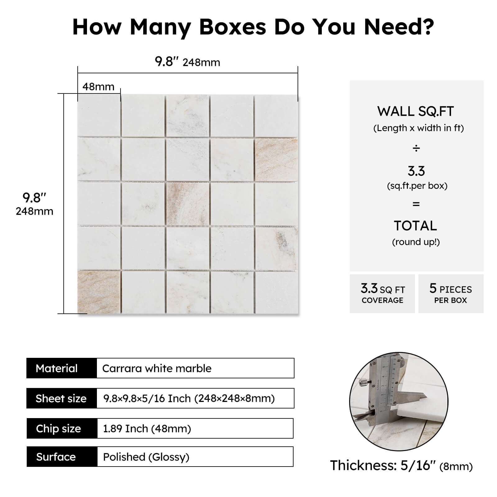 Diflart Natural Marble Mosaic Tile, 2x2 Inch Square, Honed, Bianco Orion White Marble Backsplash Tiles for Kitchen Bathroom Wall Floor, Pack of 5 Sheets