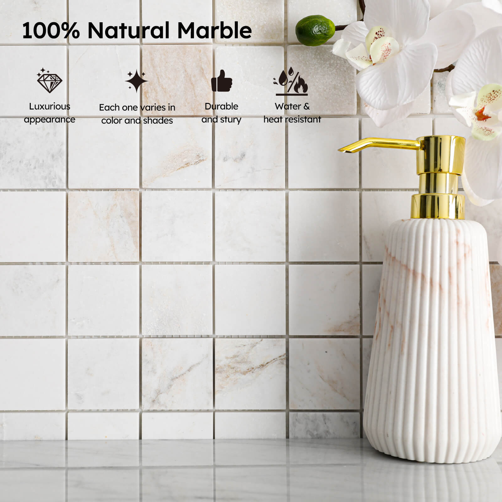 Diflart Natural Marble Mosaic Tile, 2x2 Inch Square, Honed, Bianco Orion White Marble Backsplash Tiles for Kitchen Bathroom Wall Floor, Pack of 5 Sheets
