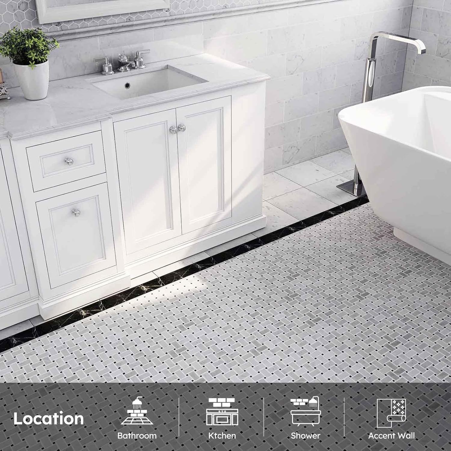 Diflart Carrara White Marble Mosaic Tile, 1x2 Inch Basketweave, Polished, Marble Backsplash Tiles for Kitchen Bathroom Wall Floor, Pack of 5 Sheets