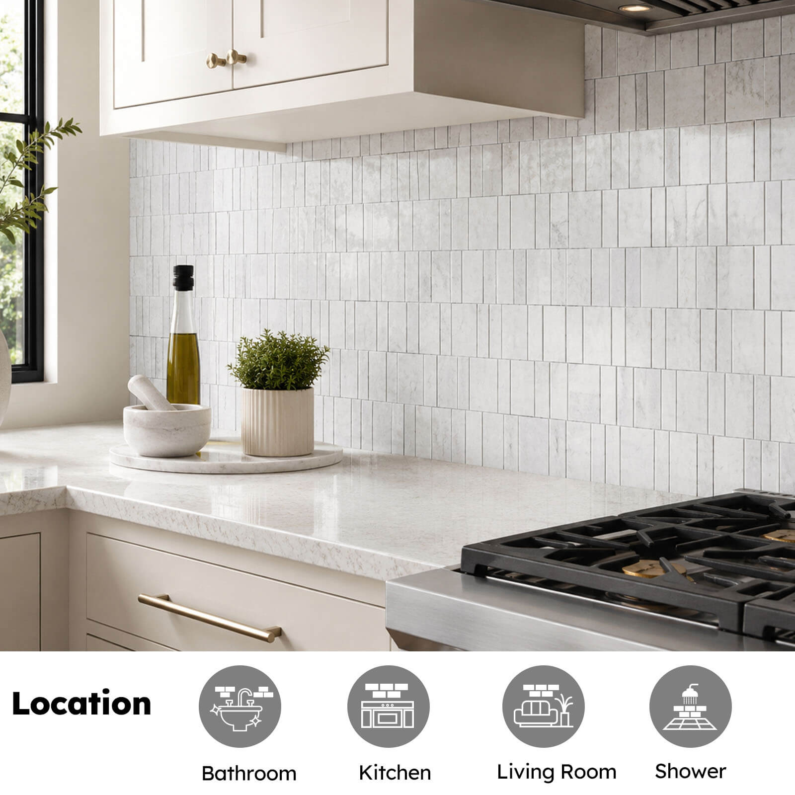 Diflart Andes Grey Marble Mosaic Tile, Offset Piano Pattern, Honed, Marble Backsplash Tiles for Kitchen Bathroom Wall Floor, Pack of 5 Sheets