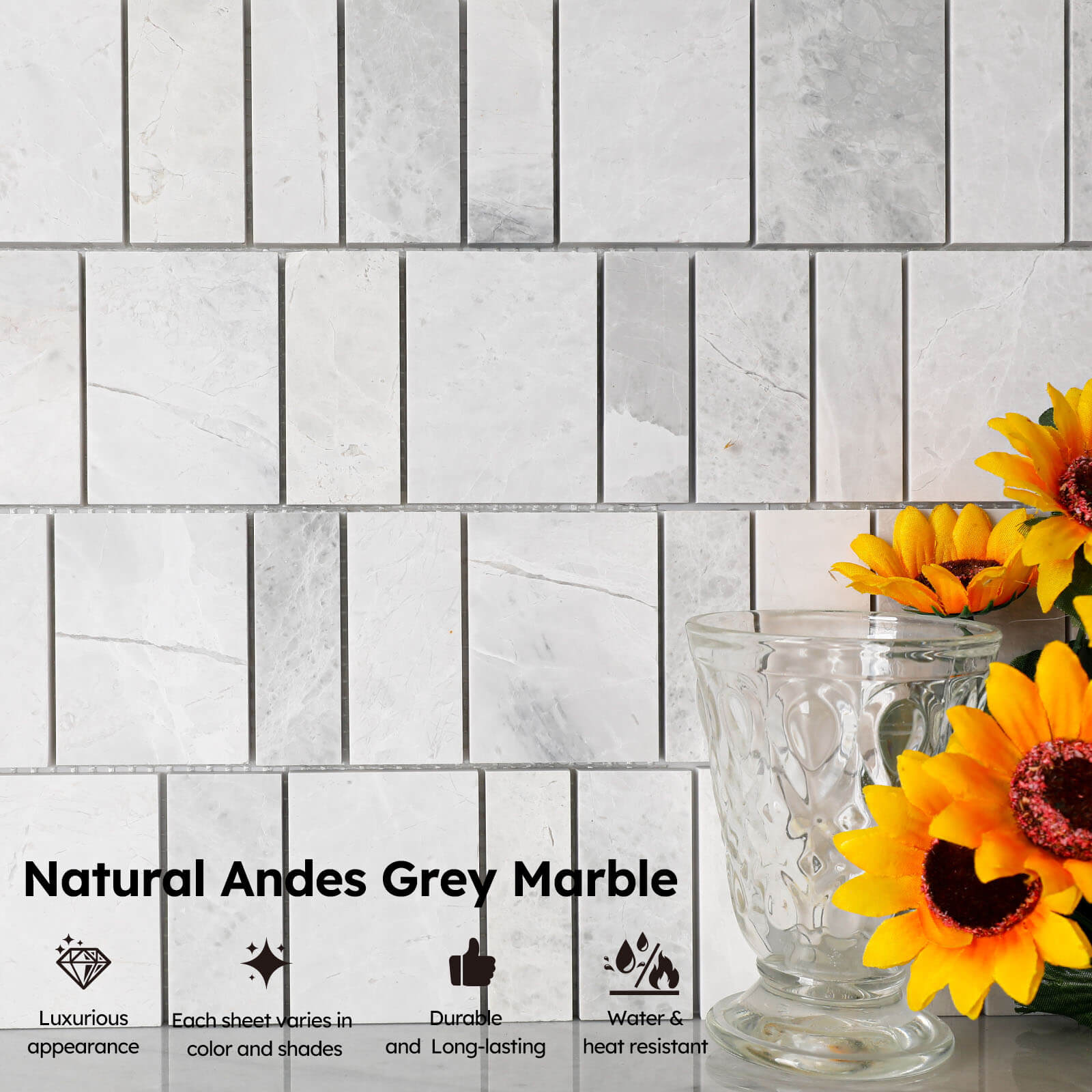 Diflart Andes Grey Marble Mosaic Tile, Offset Piano Pattern, Honed, Marble Backsplash Tiles for Kitchen Bathroom Wall Floor, Pack of 5 Sheets