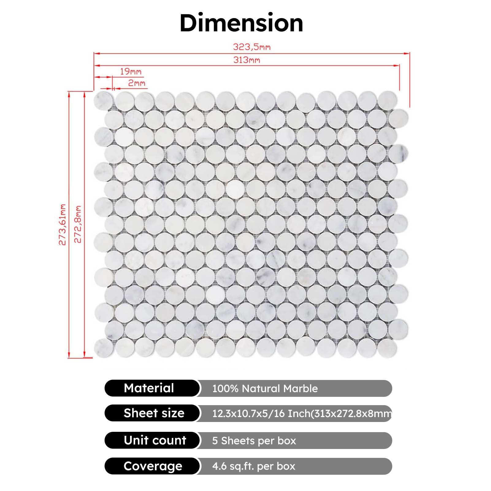 Diflart Carrara White Marble Mosaic Tile, 3/4 Inch Penny Round, Kitchen Bathroom Wall Floor, Pack of 5 Sheets