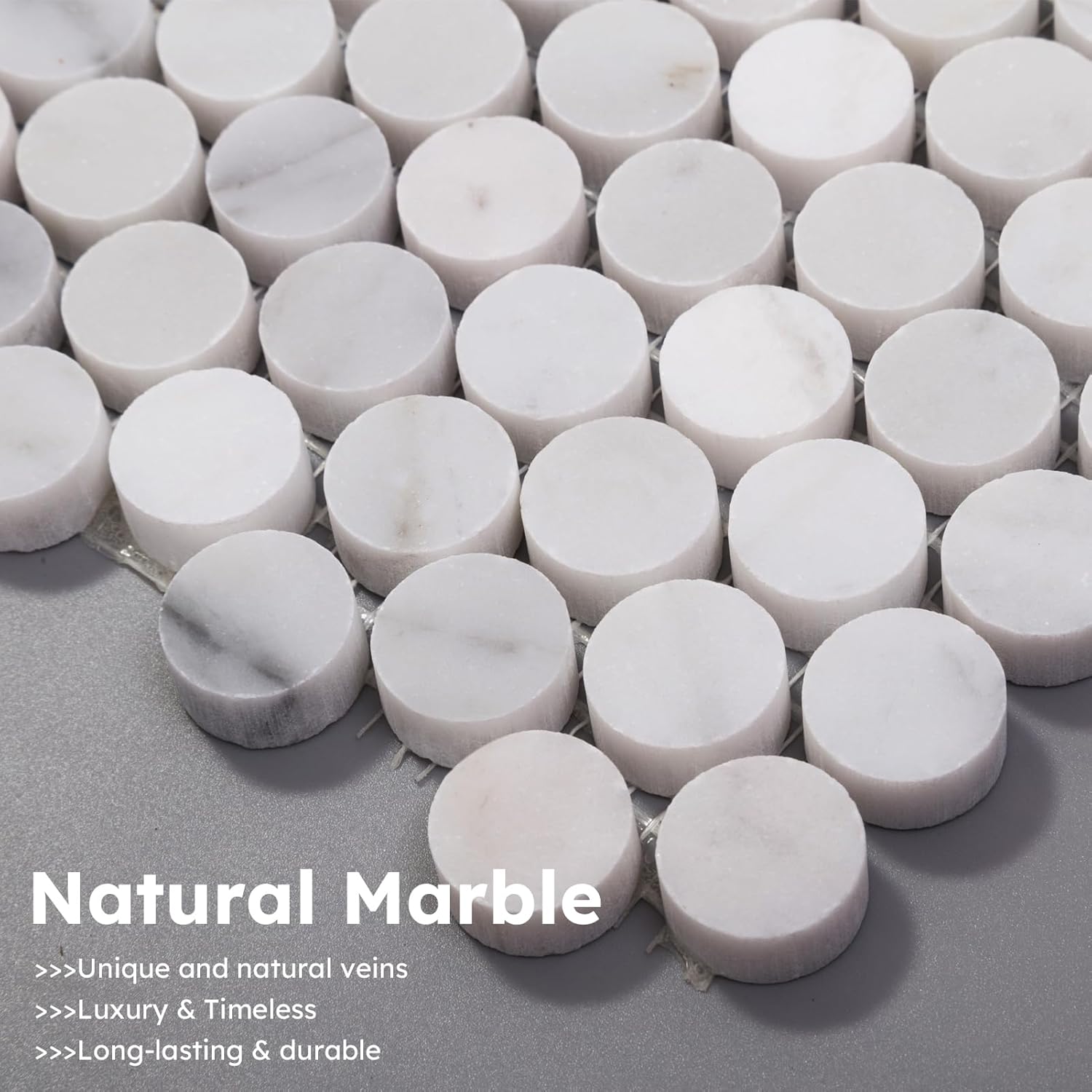 Diflart Carrara White Marble Mosaic Tile, 3/4 Inch Penny Round, Kitchen Bathroom Wall Floor, Pack of 5 Sheets